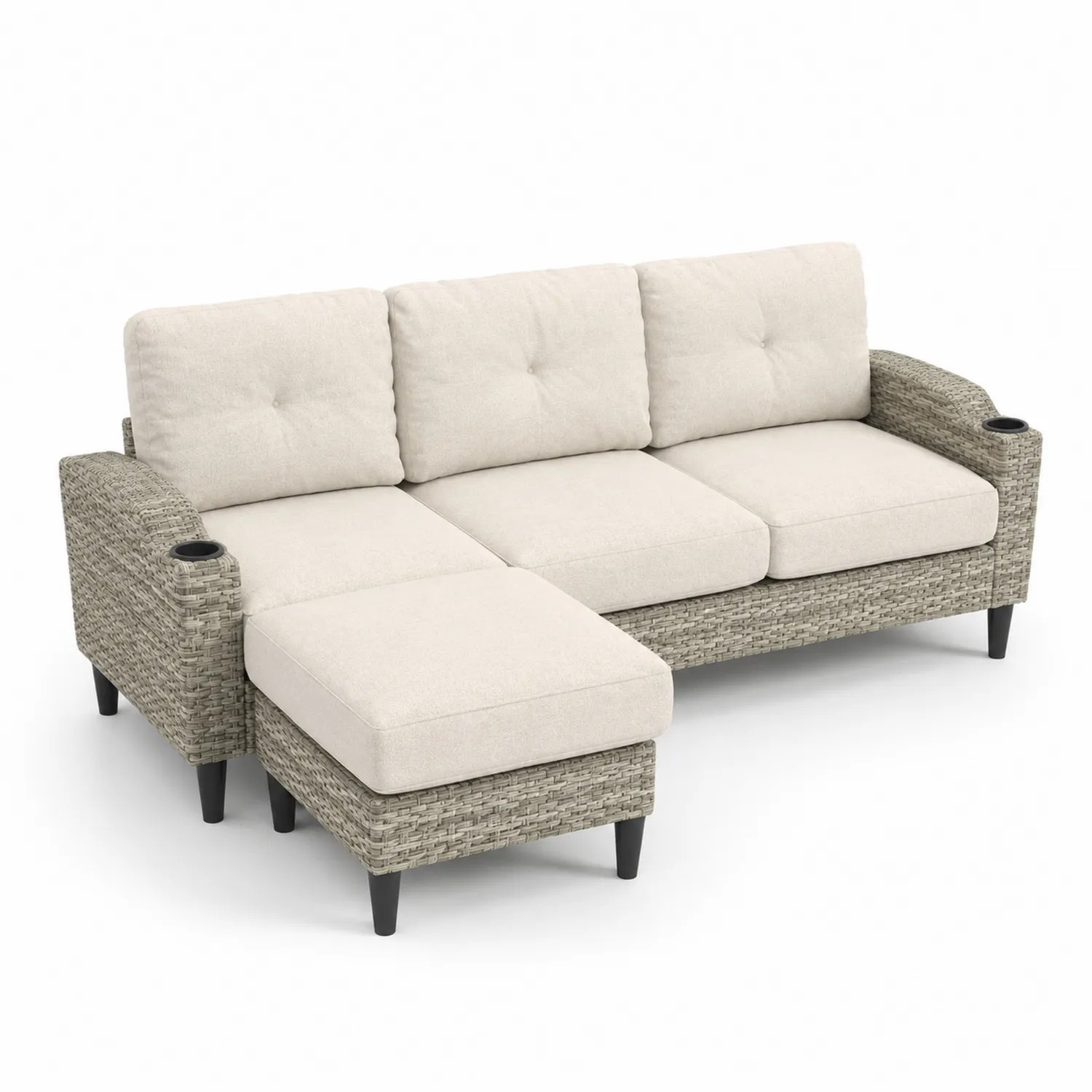 Canapé sectionnel en osier avec méridienne et coussins beiges 200x140x80cm-urbanglowchic