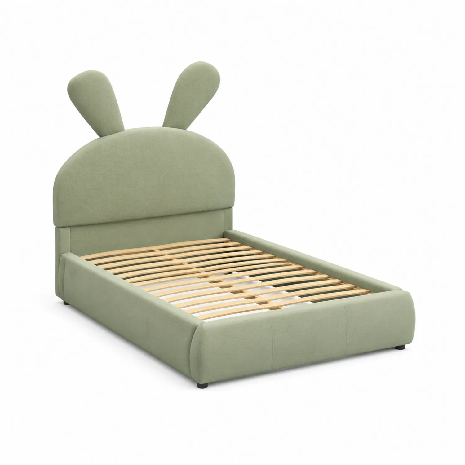 Lit enfant en bois et tissu vert avec tête de lit lapin 90x200 cm