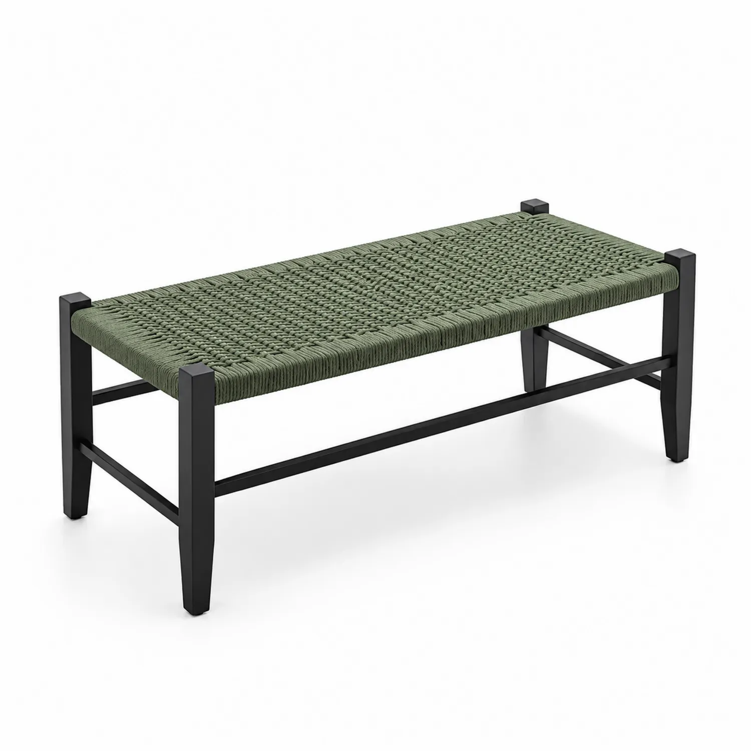 Banc rectangulaire en bois et corde tressée vert olive 120x40x45 cm