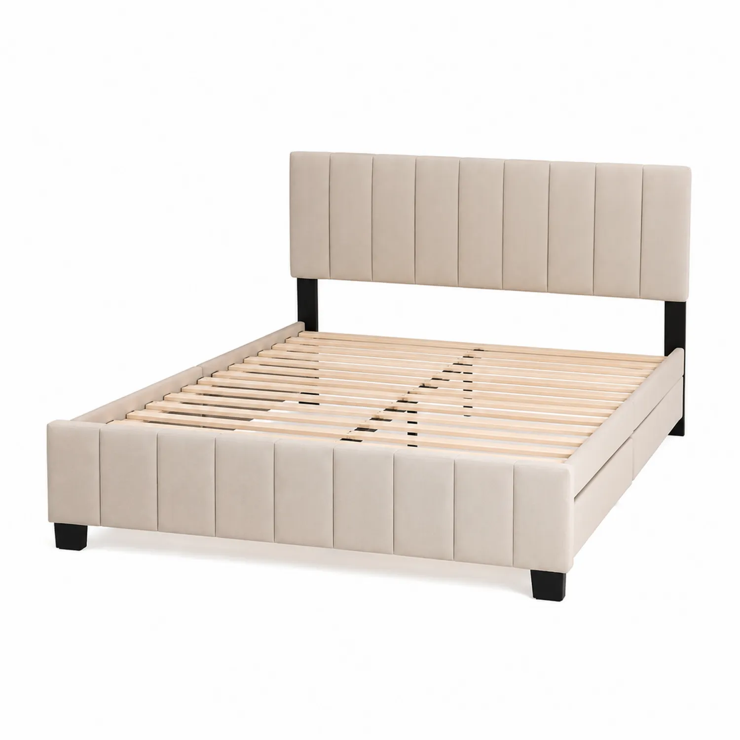 Lit double en bois et polyester Beige 160x200 cm