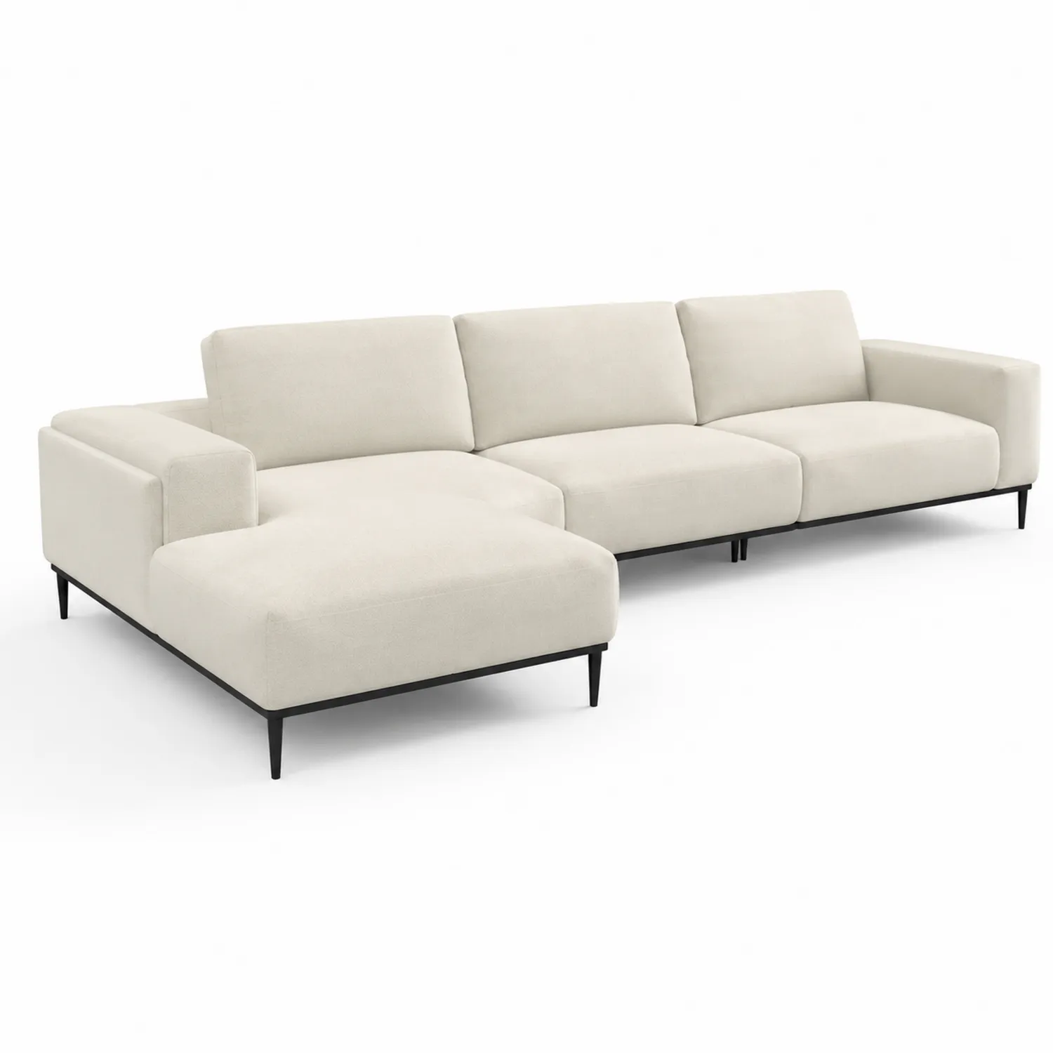 Canapé sectionnel en L tissu beige avec structure en bois et métal