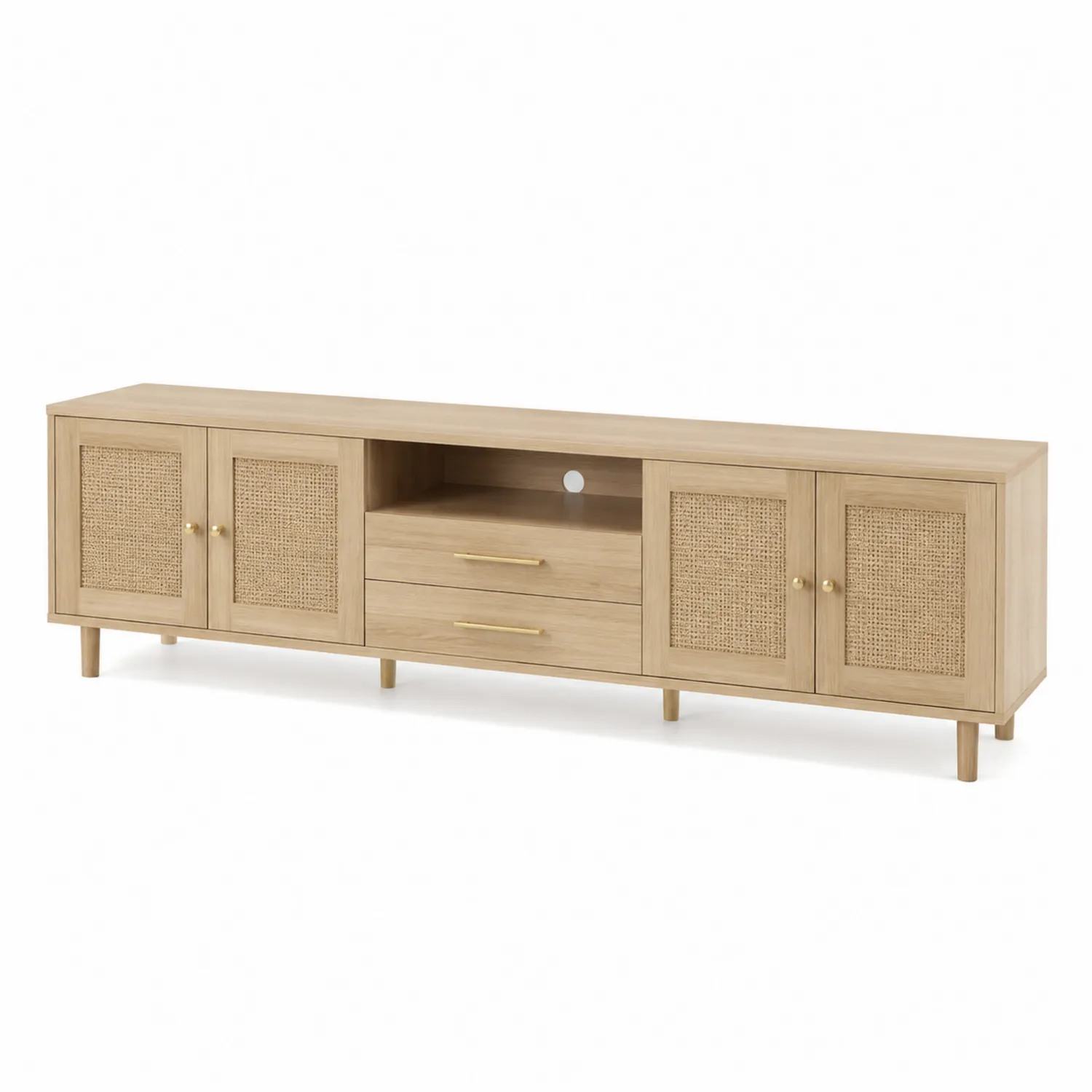 Meuble TV en bois avec portes en rotin 180x40x50 cm