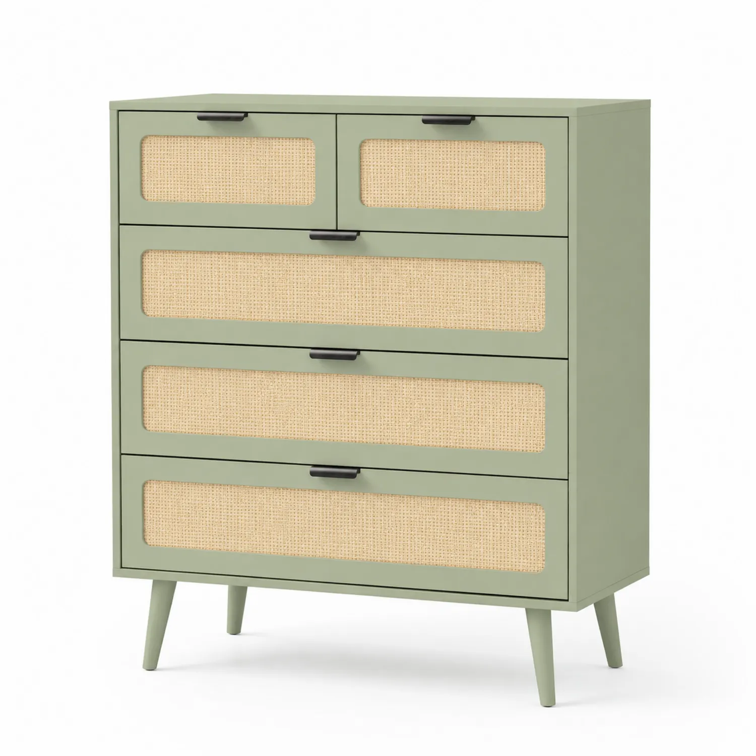 Commode en Bois et Rotin 5 Tiroirs Vert