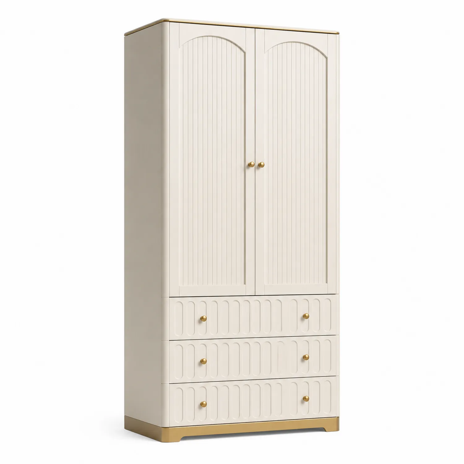 Armoire à 2 Portes et 3 Tiroirs en MDF Blanc avec Détails Dorés