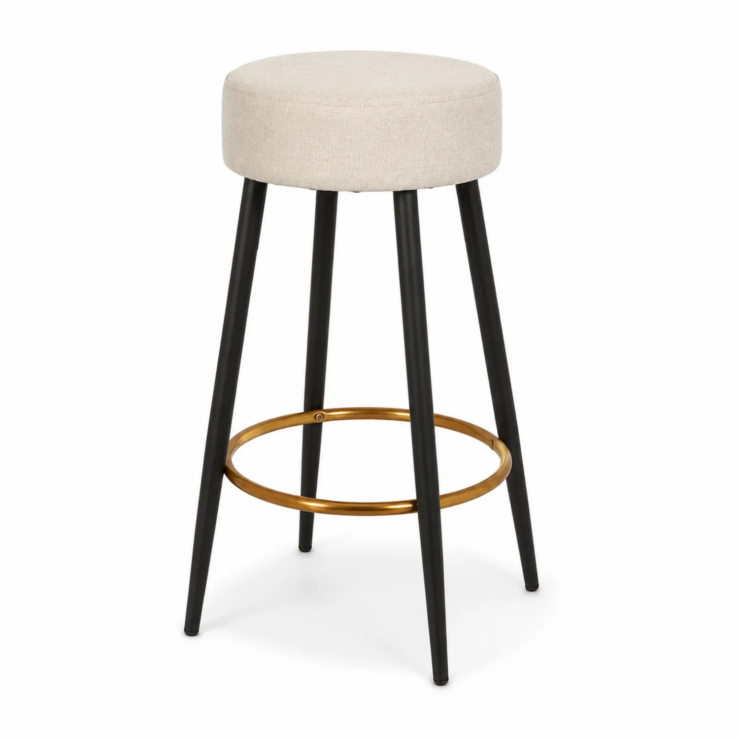 Tabouret de bar en tissu lin beige avec cadre en métal noir