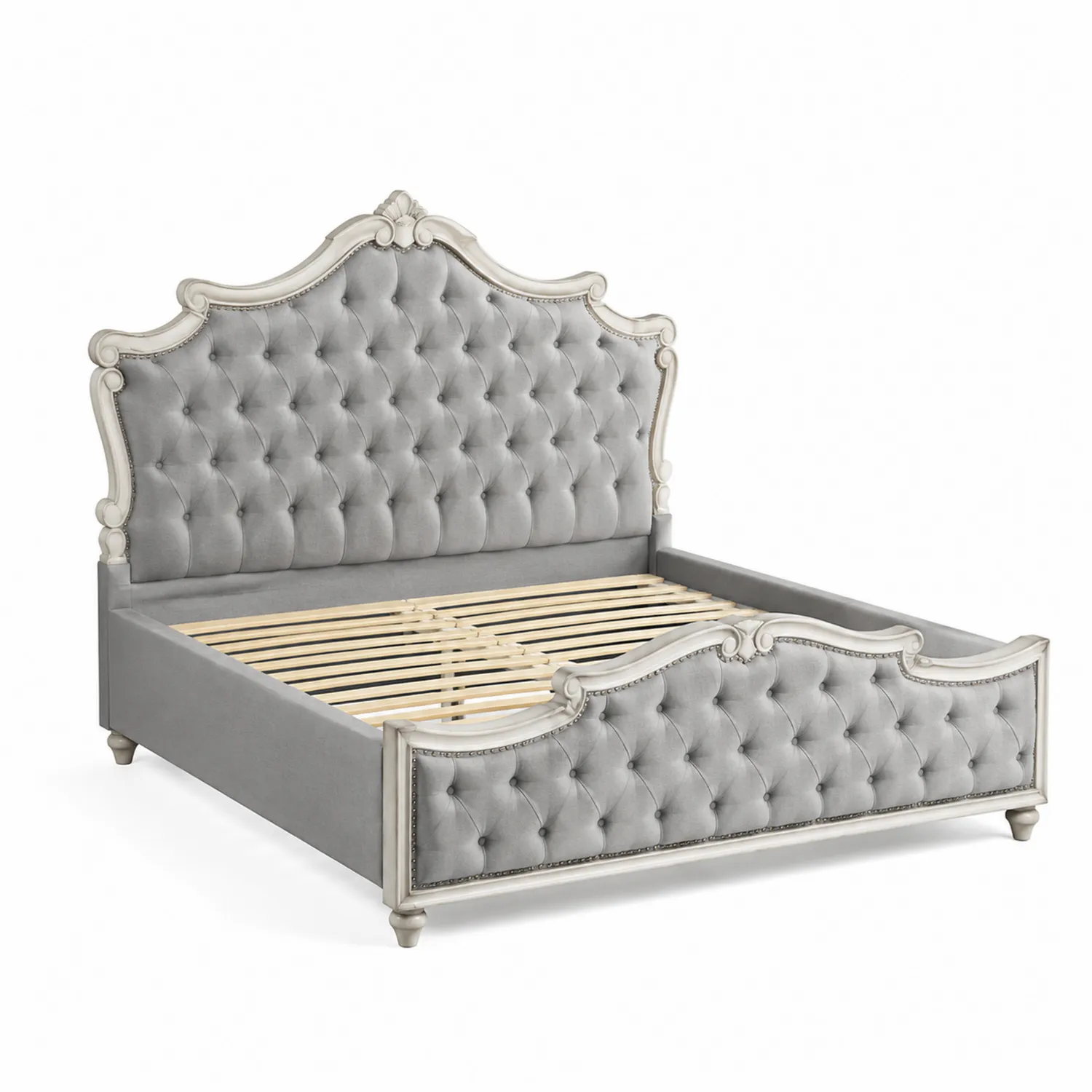 Lit double en bois et velours gris avec tête de lit sculptée