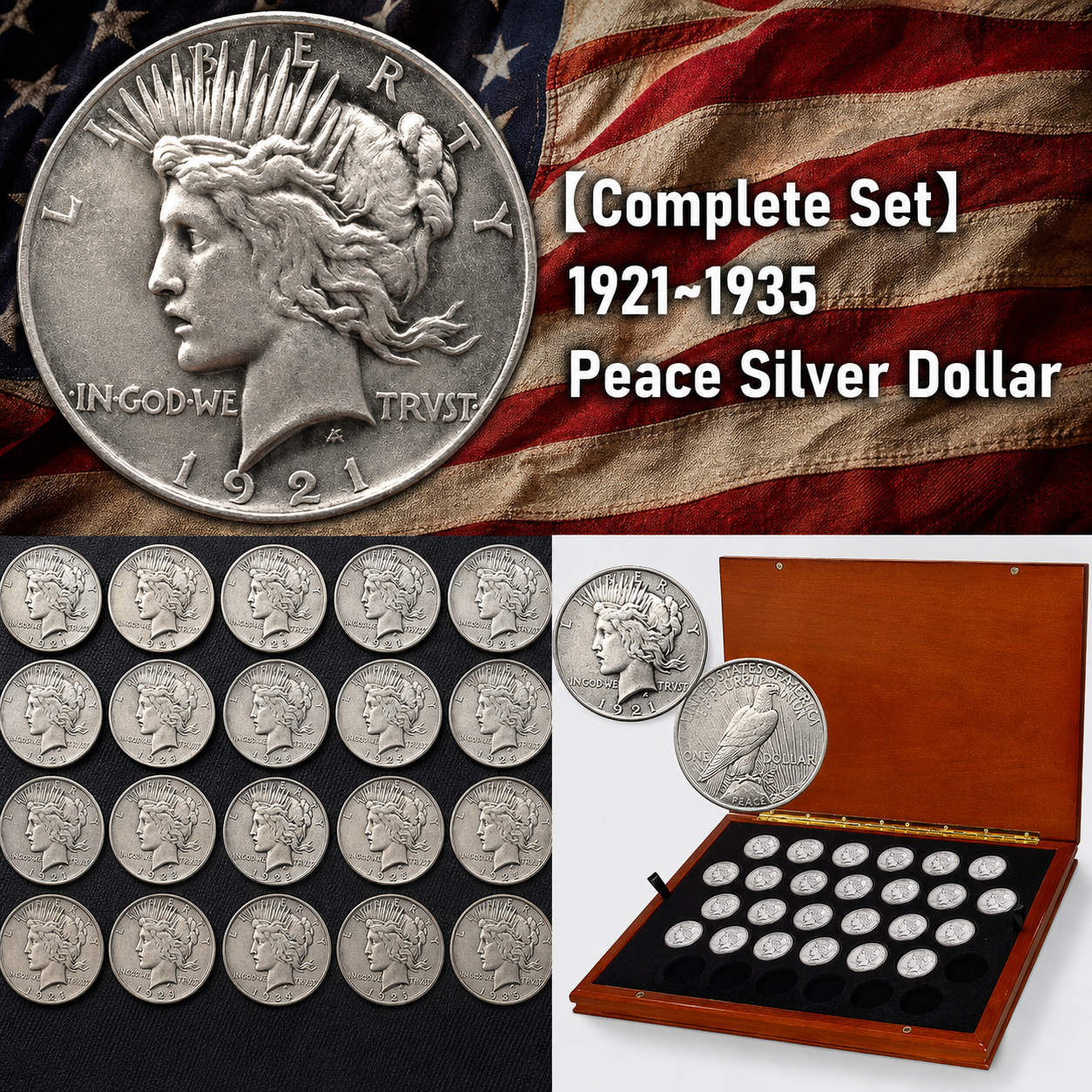 💥 Last 12 Sets Left! Complete 1921–1935 Peace Silver Dollar Set • 10 Pcs • MS65💰