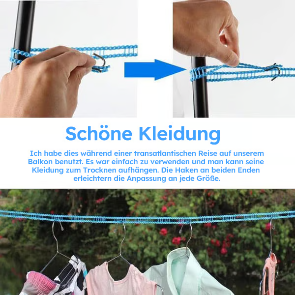 Verstellbare windfeste Wäscheleine mit Haken – Robuste mobile Wäscheleine für Reisen, Camping, Garten & Zuhause