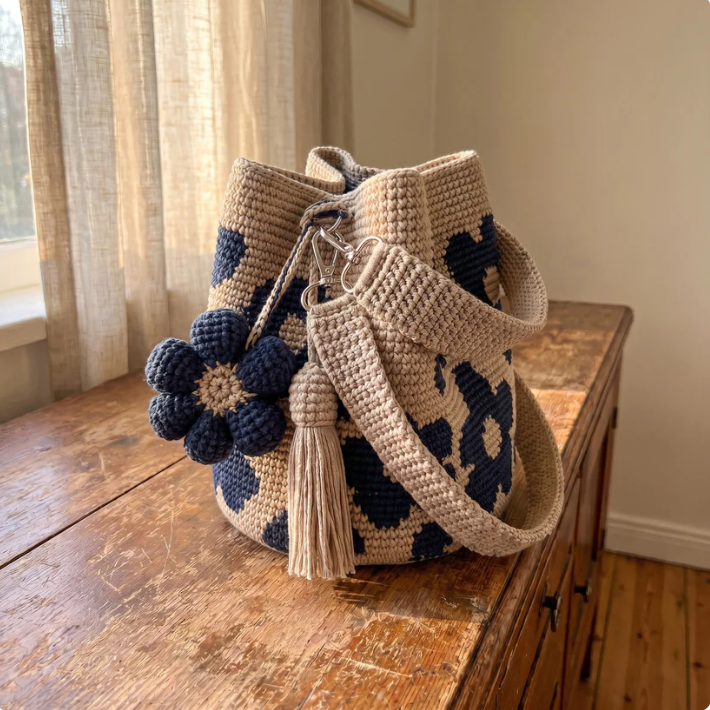 Handgefertigte Häkeltasche mit Blumenmuster 🌸🧶 – Schultertasche aus Baumwolle, Vintage-Romantik-Design, Unikat