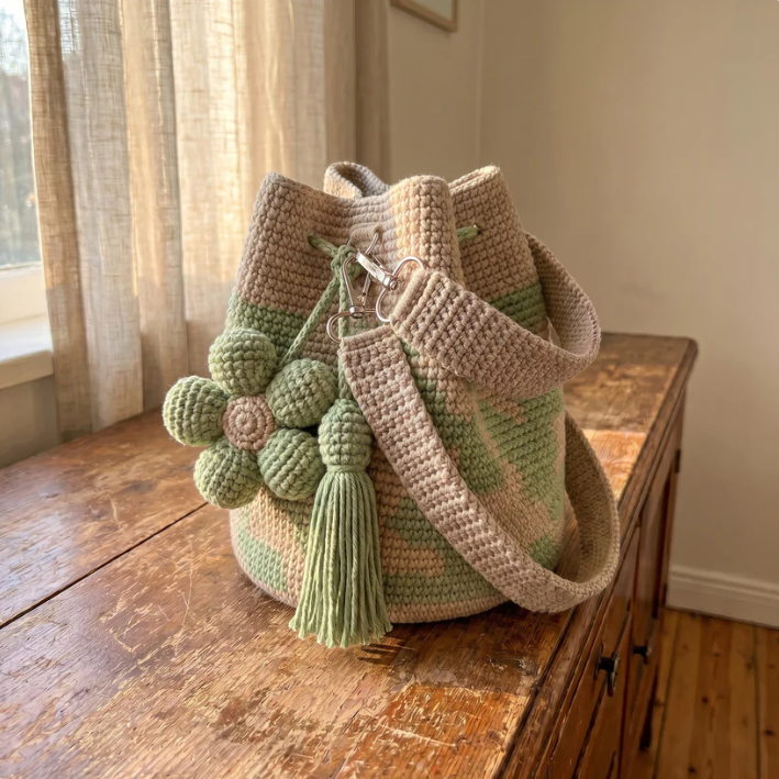 Handgefertigte Häkeltasche mit Blumenmuster 🌸🧶 – Schultertasche aus Baumwolle, Vintage-Romantik-Design, Unikat
