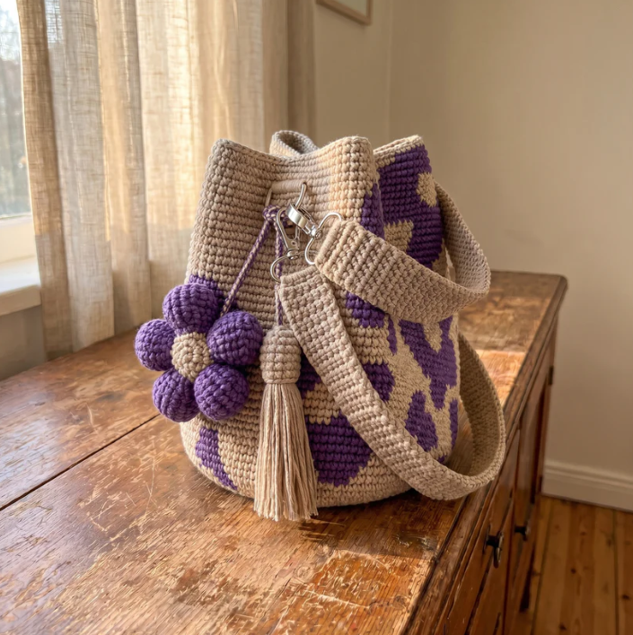Handgefertigte Häkeltasche mit Blumenmuster 🌸🧶 – Schultertasche aus Baumwolle, Vintage-Romantik-Design, Unikat