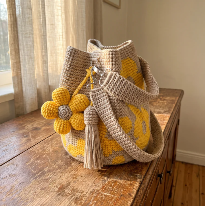 Handgefertigte Häkeltasche mit Blumenmuster 🌸🧶 – Schultertasche aus Baumwolle, Vintage-Romantik-Design, Unikat