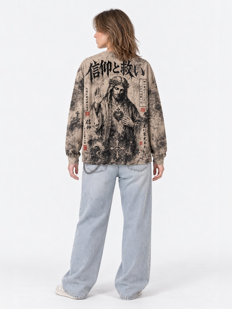 Masked Knight Eco Oversized Long-Sleeve Graphic Tees · GRS Certified