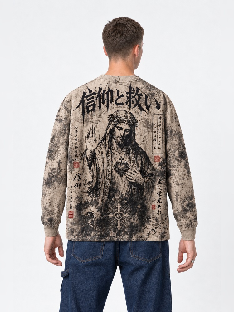 Masked Knight Eco Oversized Long-Sleeve Graphic Tees · GRS Certified