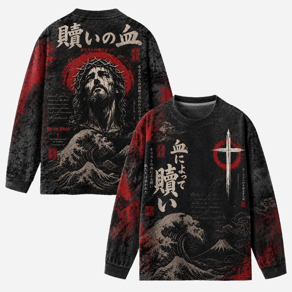 By The Blood Eco Oversized Long-Sleeve Graphic Tees · GRS Certified