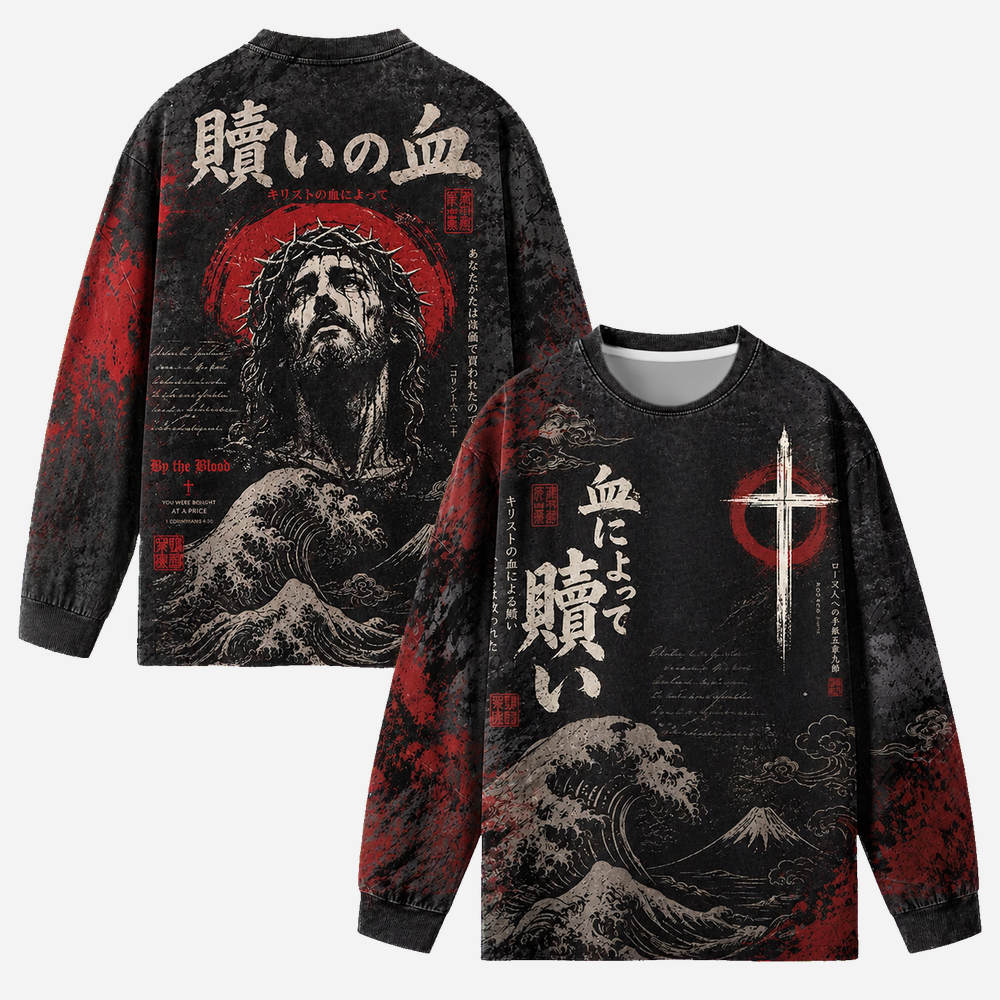 By The Blood Eco Oversized Long-Sleeve Graphic Tees · GRS Certified