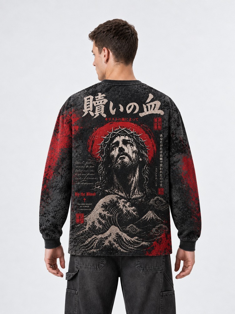 By The Blood Eco Oversized Long-Sleeve Graphic Tees · GRS Certified