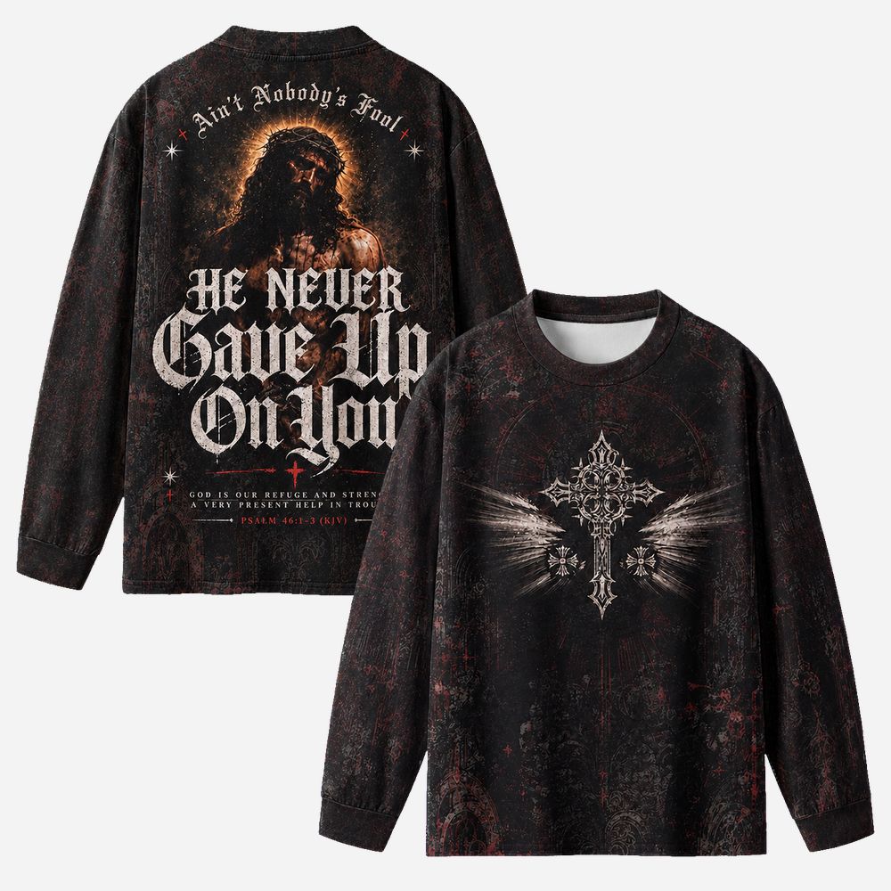 Never Gave Up Eco Oversized Long-Sleeve Graphic Tees · GRS Certified