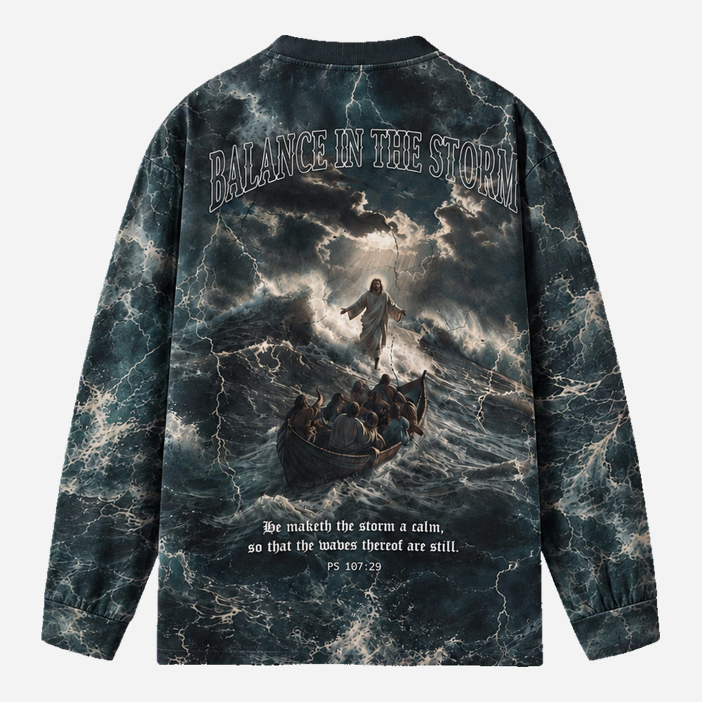 Balance in The Storm Eco Oversized Long-Sleeve Graphic Tees · GRS Certified