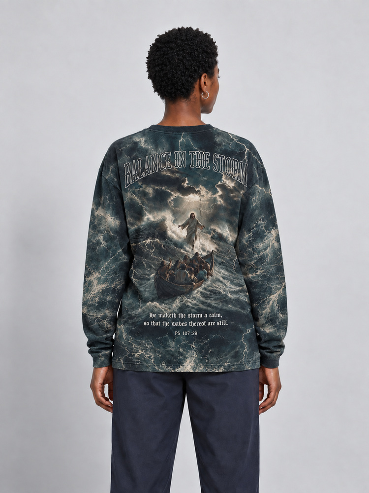Balance in The Storm Eco Oversized Long-Sleeve Graphic Tees · GRS Certified