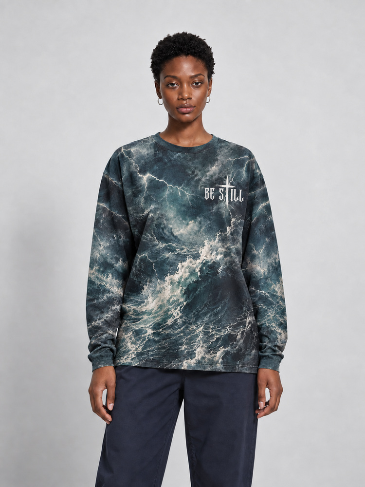 Balance in The Storm Eco Oversized Long-Sleeve Graphic Tees · GRS Certified