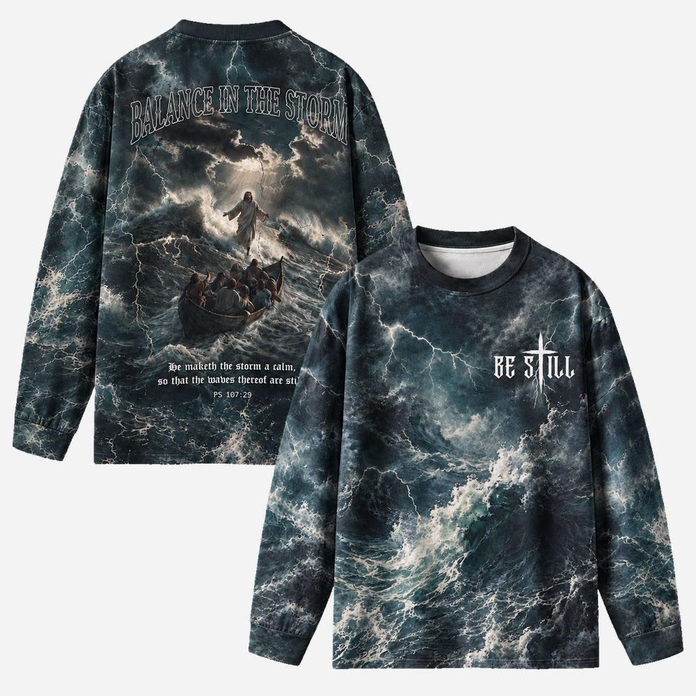 Balance in The Storm Eco Oversized Long-Sleeve Graphic Tees · GRS Certified