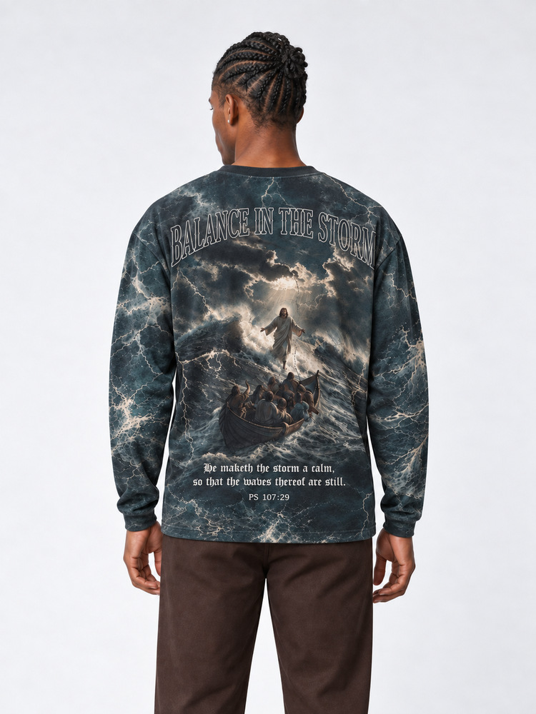 Balance in The Storm Eco Oversized Long-Sleeve Graphic Tees · GRS Certified