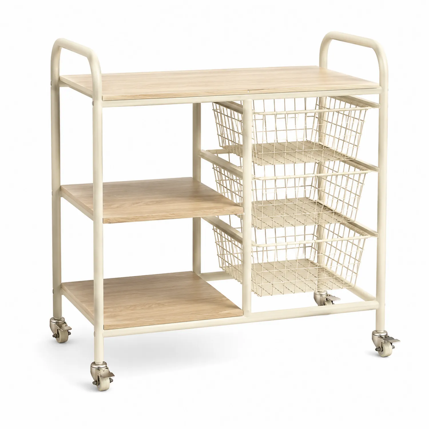 Carrito de almacenamiento con estantes de madera y cestas metálicas