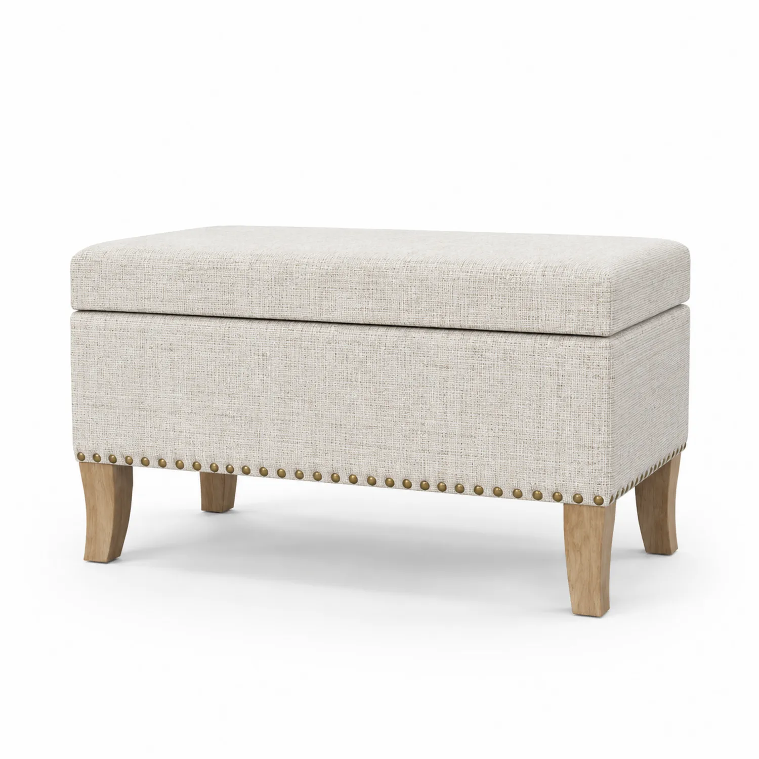 Banco de Almacenamiento Tapizado en Tela Beige con Patas de Madera
