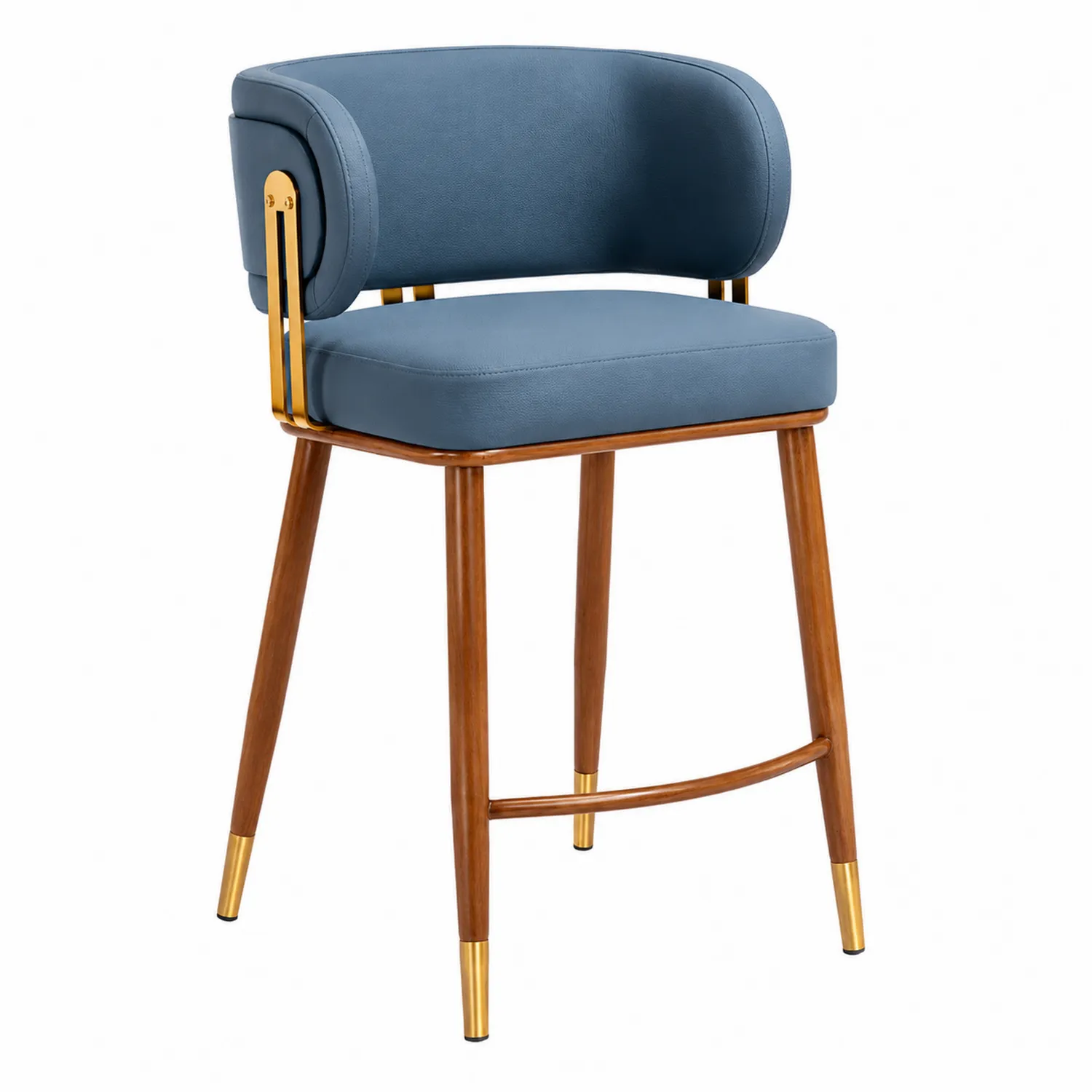 Taburete de bar con asiento de tejido azul y patas de madera