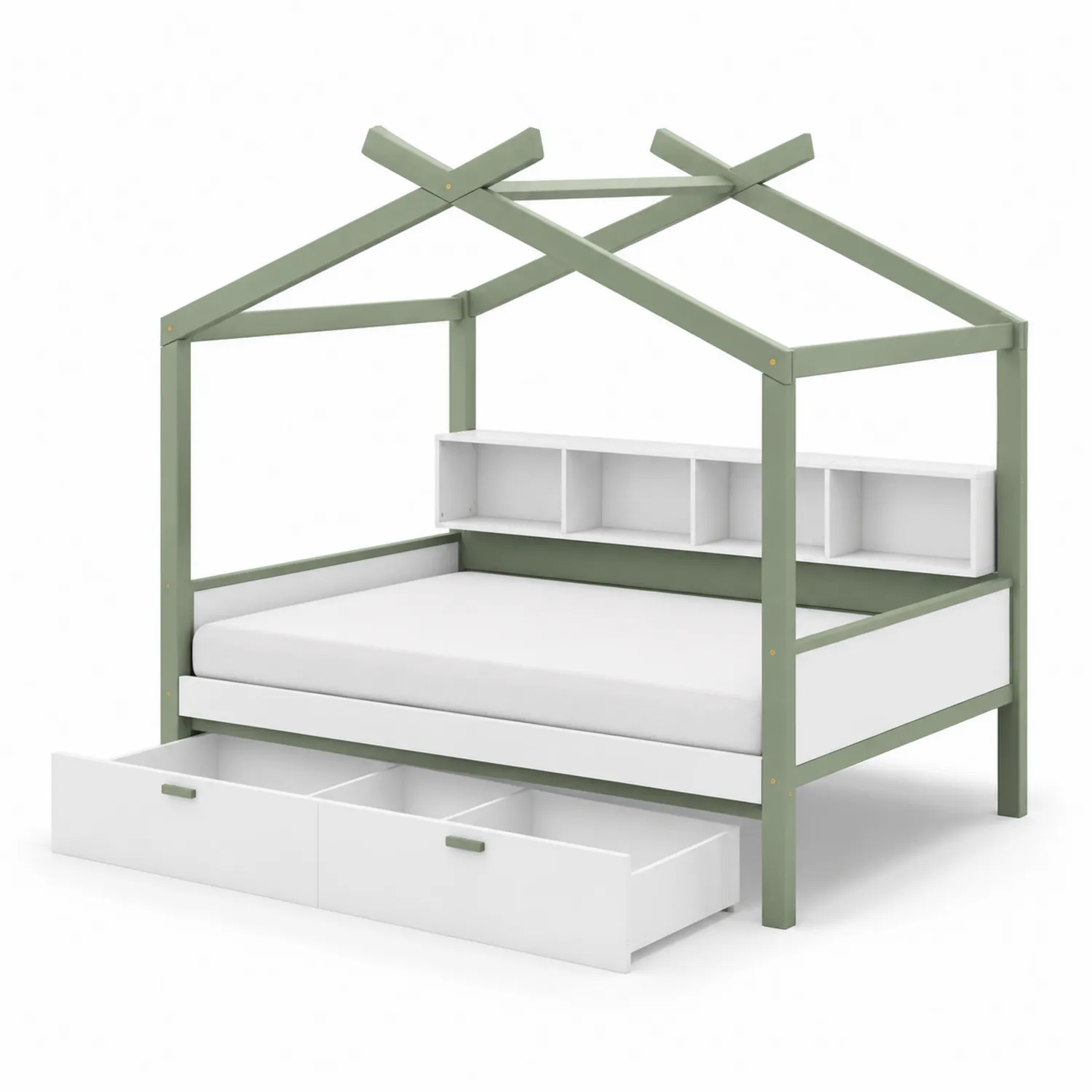 Cama infantil con estructura de casa y cajones de madera y MDF Verde/Blanco
