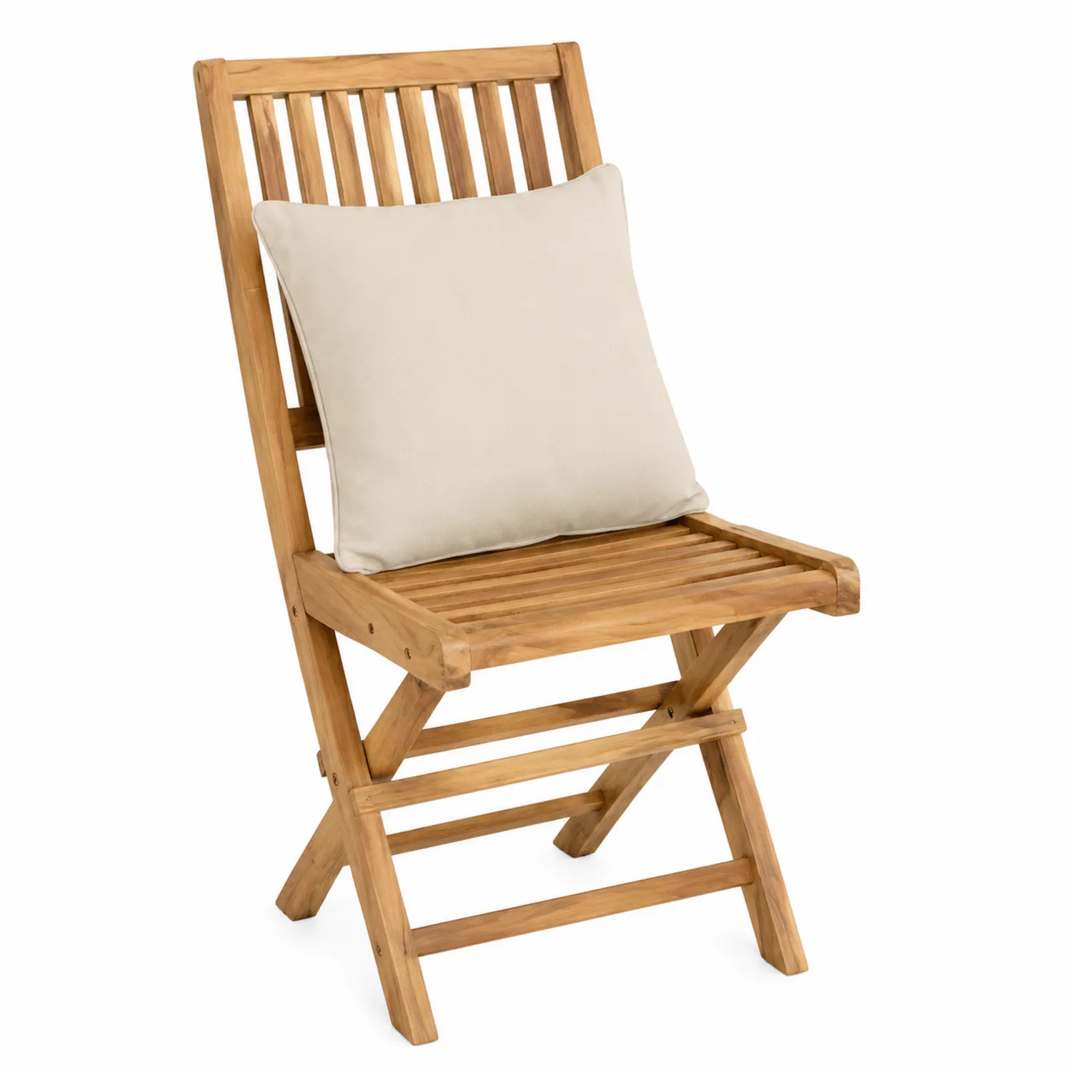 Silla de madera de teca plegable con cojín beige