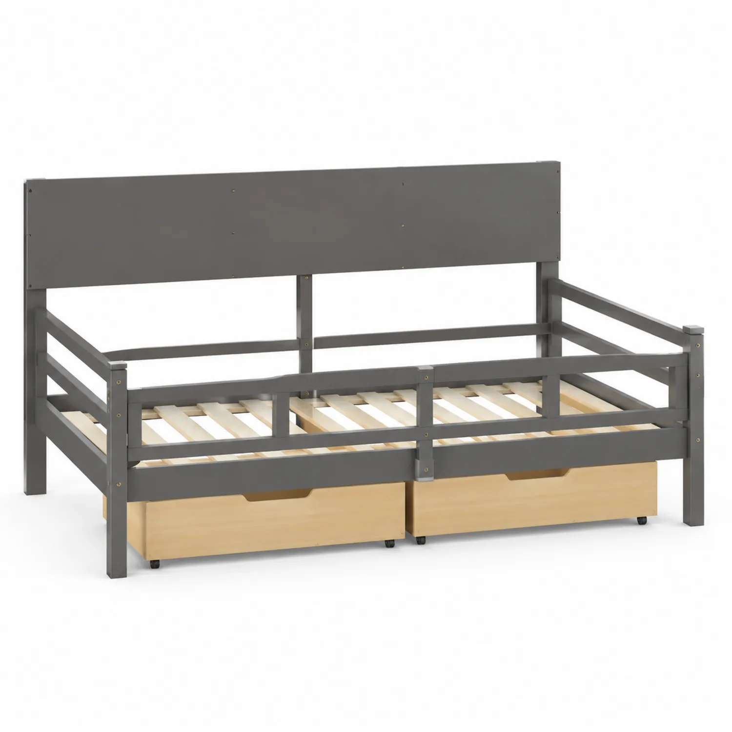 Cama individual de madera con cajones gris y natural