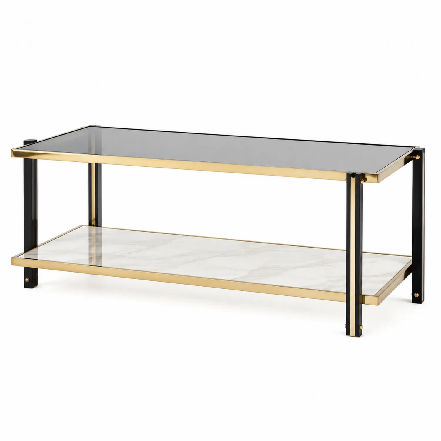 Mesa de café de vidrio templado y mármol con estructura de metal dorado y negro