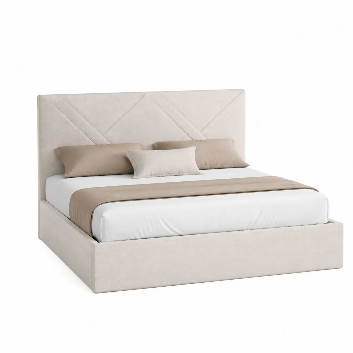 Cama matrimonial tapizada en tela beige 200cm x 180cm x 120cm
