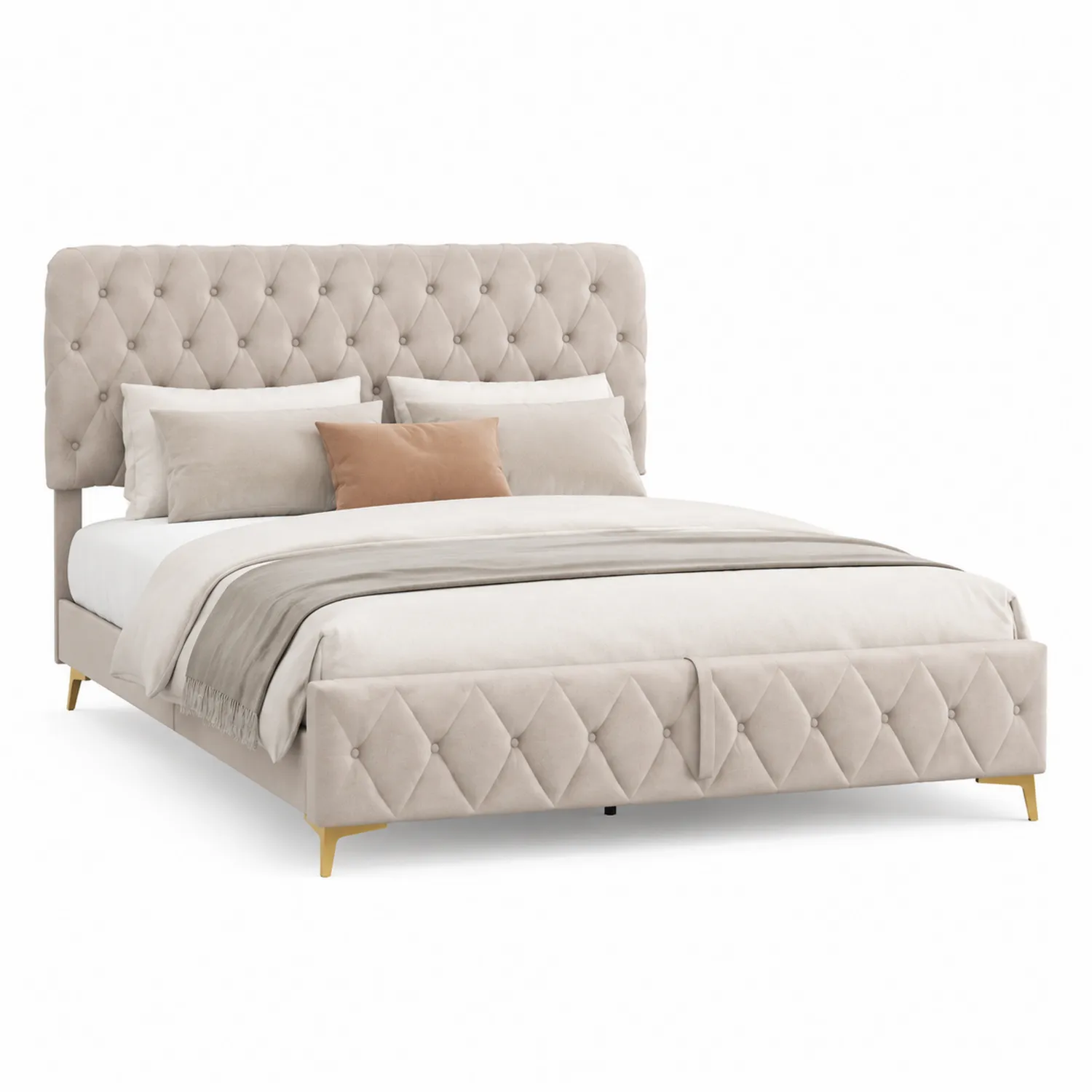 Cama matrimonial de madera y metal tapizada en terciopelo Beige 200x160 cm