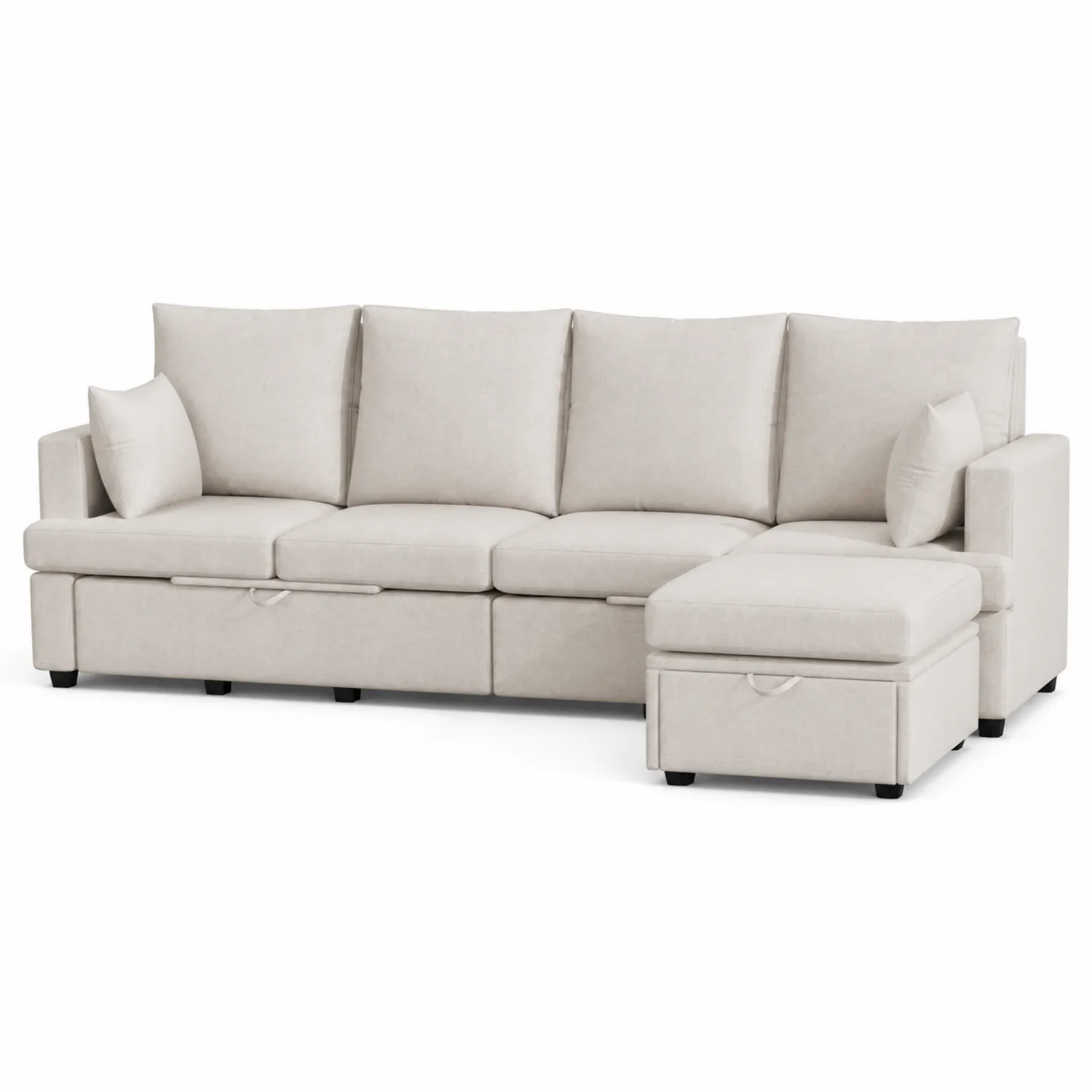 Sofá seccional modular de tela poliéster beige con chaise longue y almacenamiento