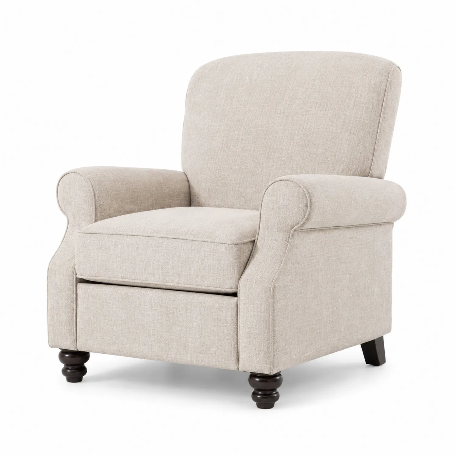 Sillón reclinable de tela beige con patas de madera