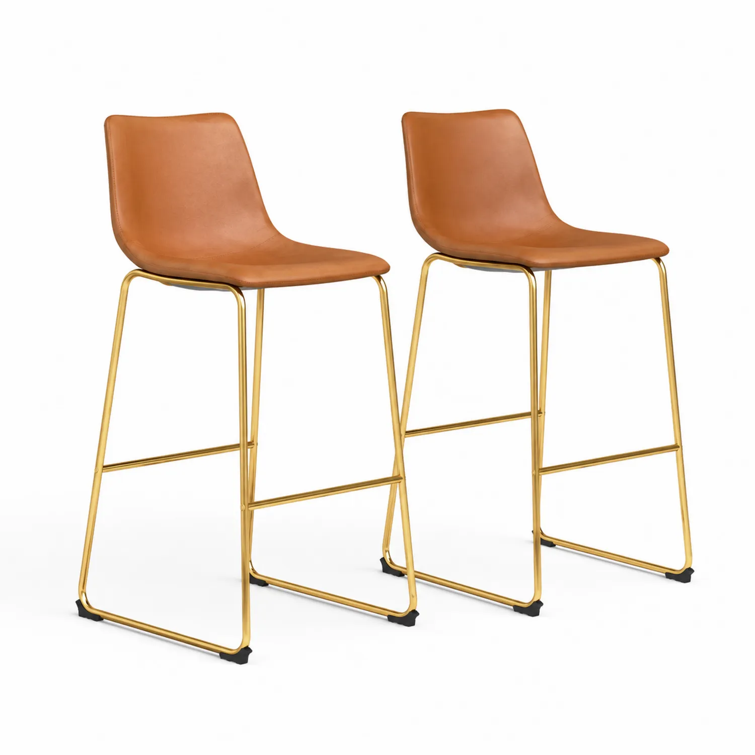 Juego de taburetes altos con asiento de cuero sintético marrón y estructura de acero dorado, altura 75 cm