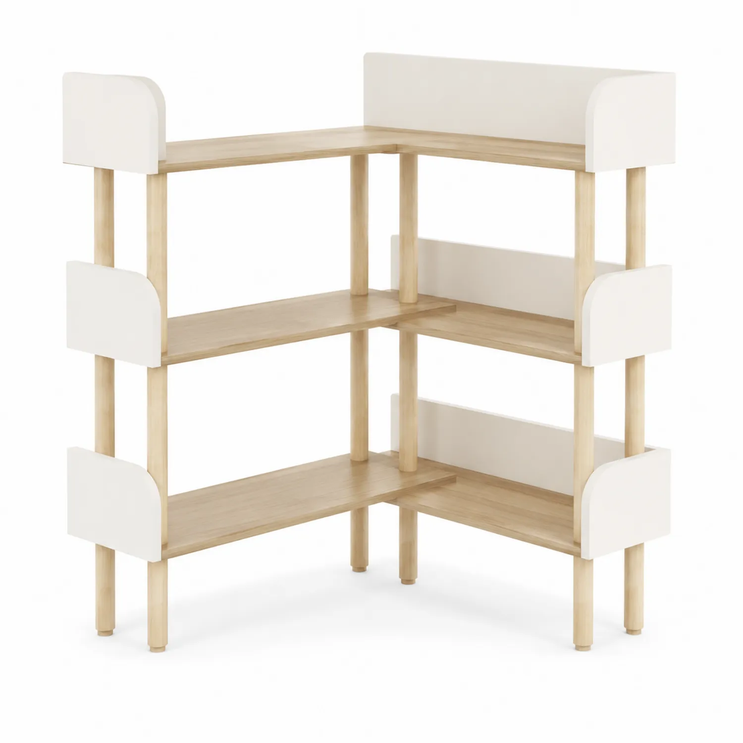 Estantería esquinera de madera y MDF 3 estantes 95x95x115 cm Natural/Blanco