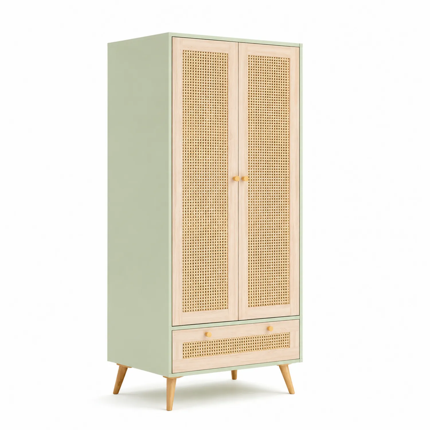 Armario de Madera con Puertas de Ratán y Cajón Verde 180x80x50 cm