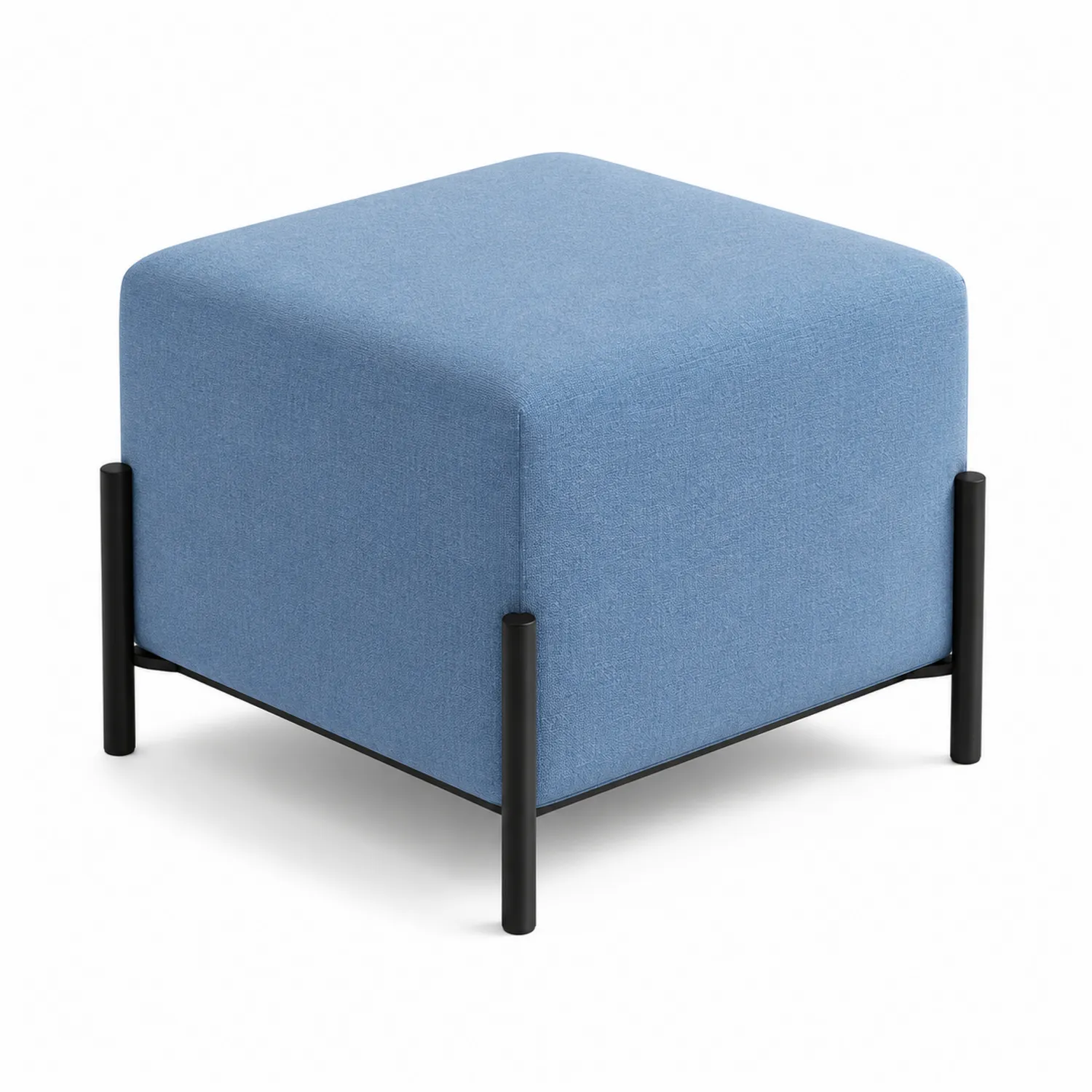Puf de tela azul con estructura metálica