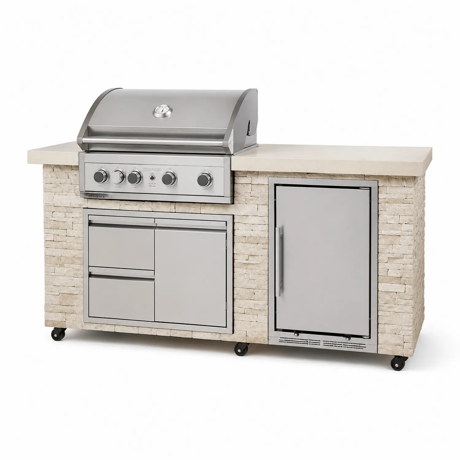 Isla de cocina exterior con parrilla de acero inoxidable y piedra
