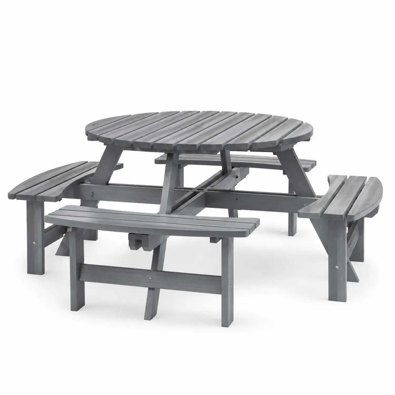 Mesa de picnic redonda de madera de pino gris