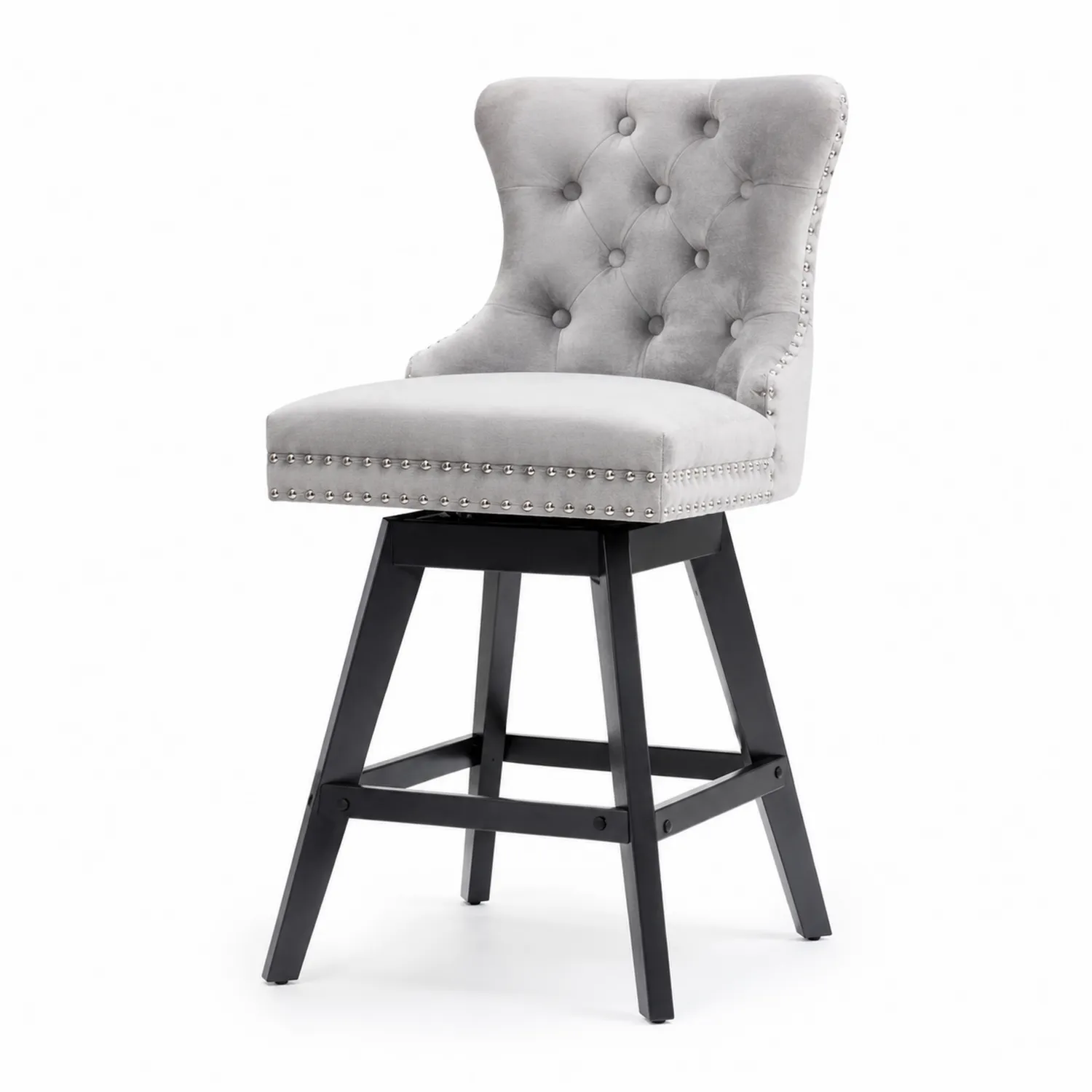 Taburete giratorio de terciopelo gris con patas de madera