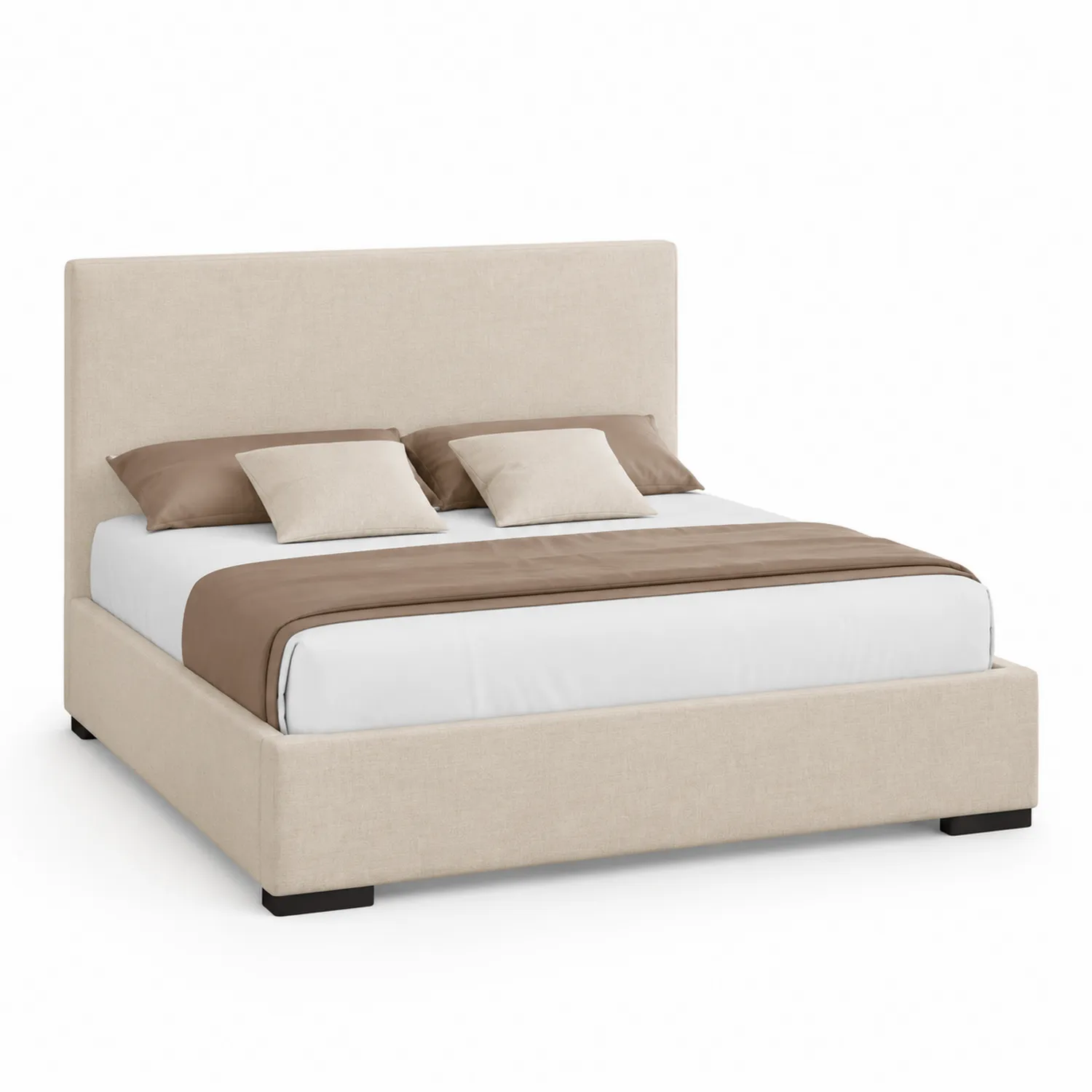 Cama matrimonial tapizada en lino beige de 200x160 cm con cojines