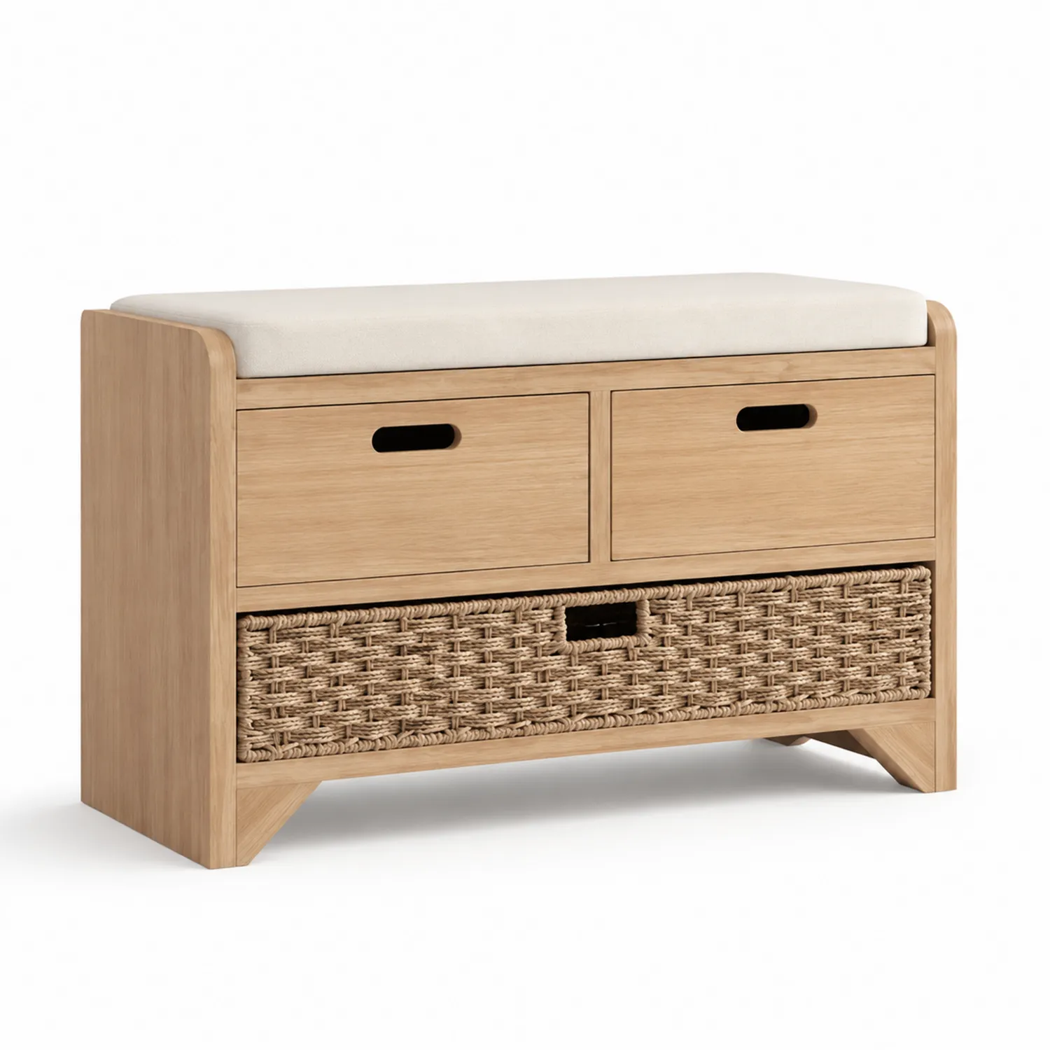 Banco de madera con cojín beige y almacenamiento