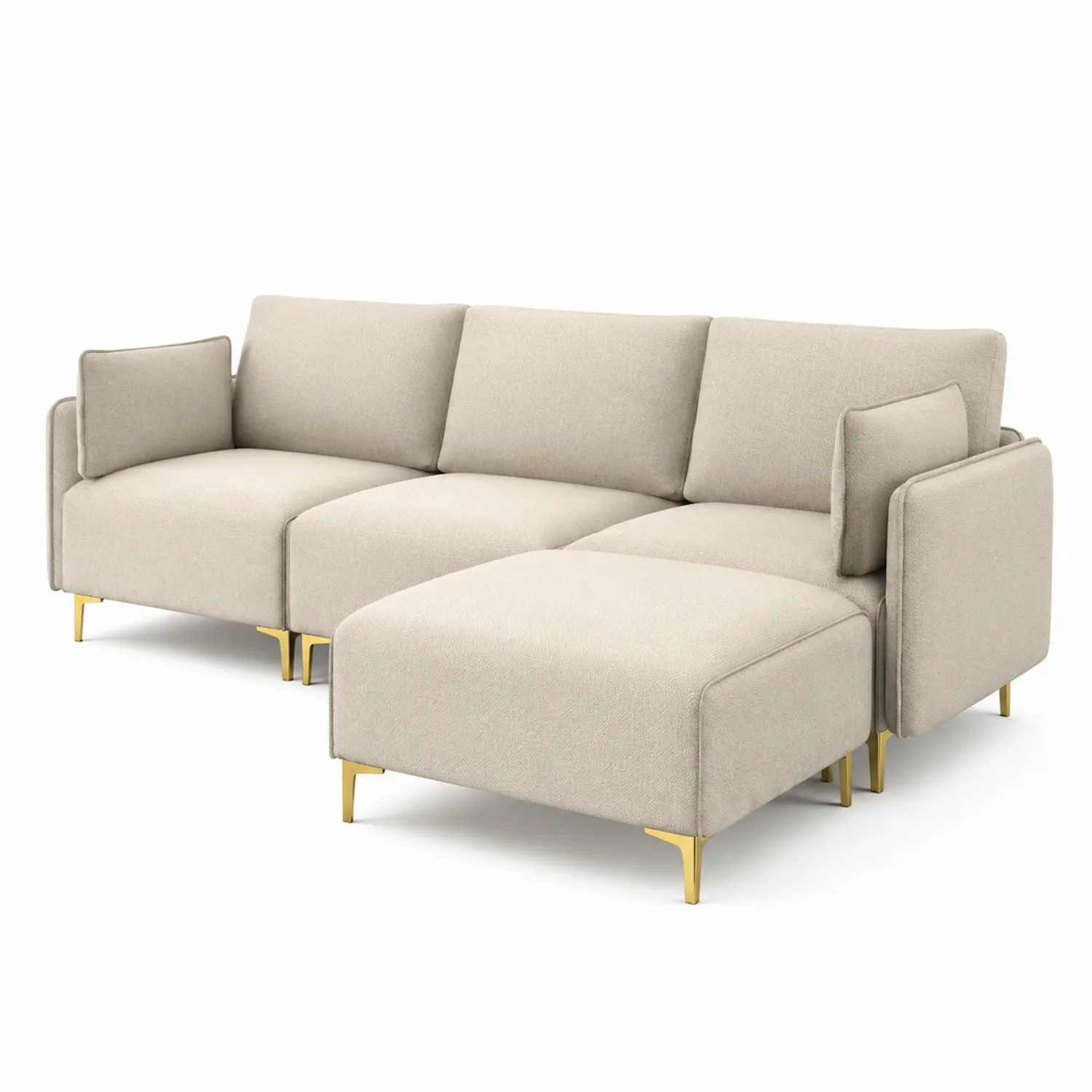 Sofá Modular Esquinero 3 Plazas Beige Patas Metal Dorado