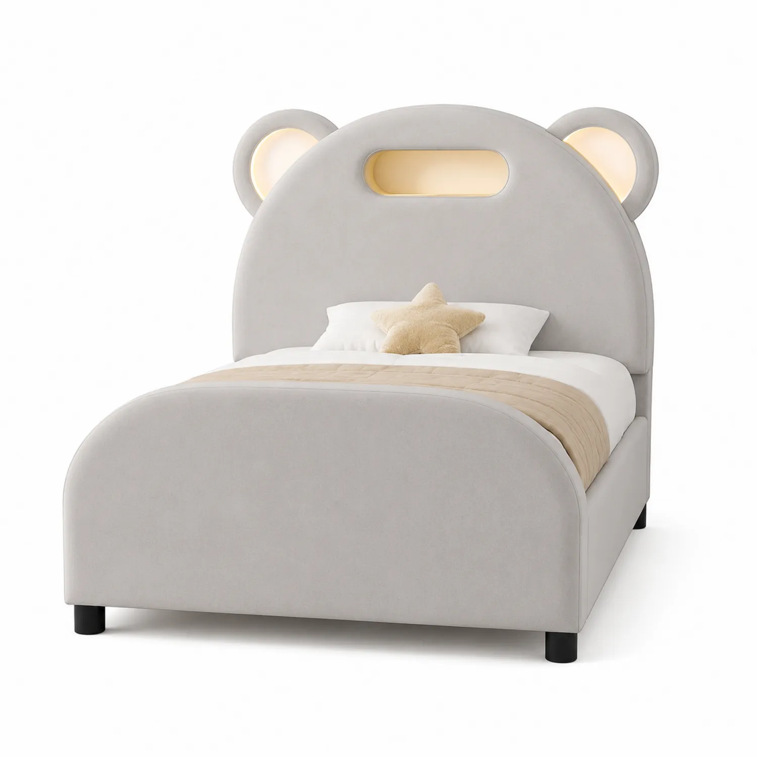 Cama Infantil con Forma de Oso 90x200 cm en Tela de Poliéster Gris