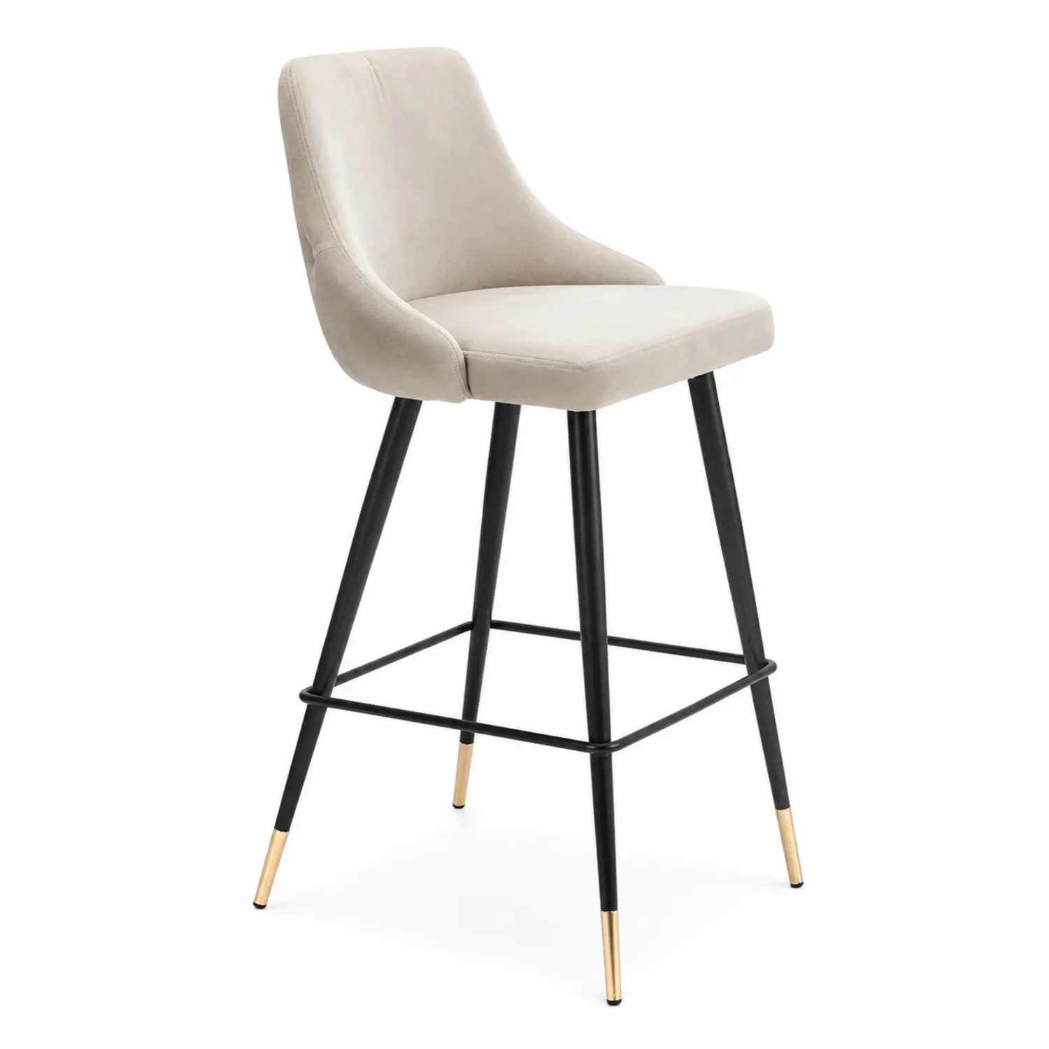 Taburete de Terciopelo Beige con Patas de Metal y Detalles Dorados